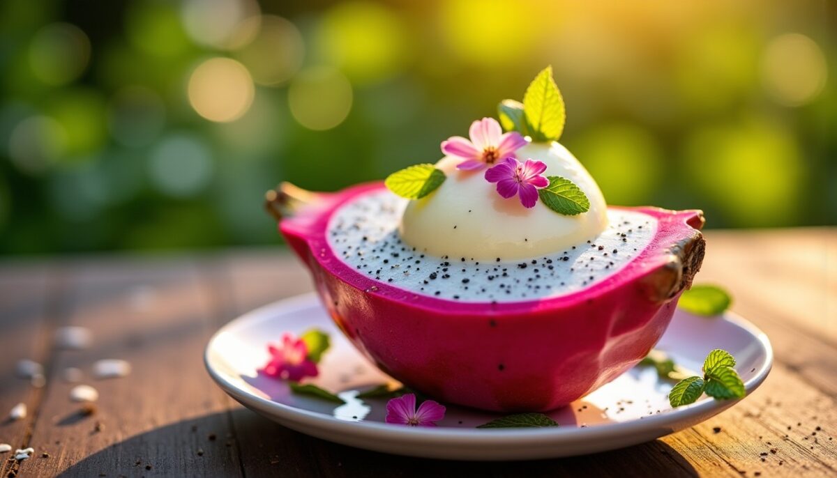Un dessert estival à la crème vanillée, présenté dans un fruit exotique que vos invités s'empresseront de capturer en photo avant de le déguster